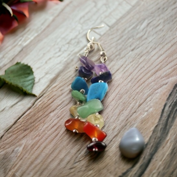 Hand-wound natural stone 7 color chakra Dangle Earrings. - Picture 1 of 4